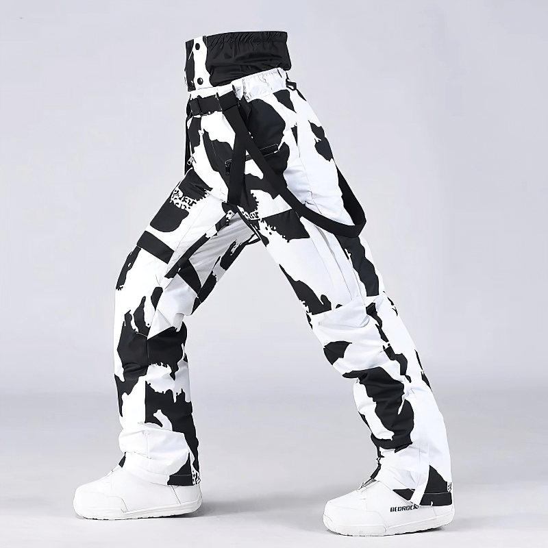 Unisex windproof warm ski trousers with suspenders, black and white pattern, ideal for skiing and snowboarding. Model SF1820.